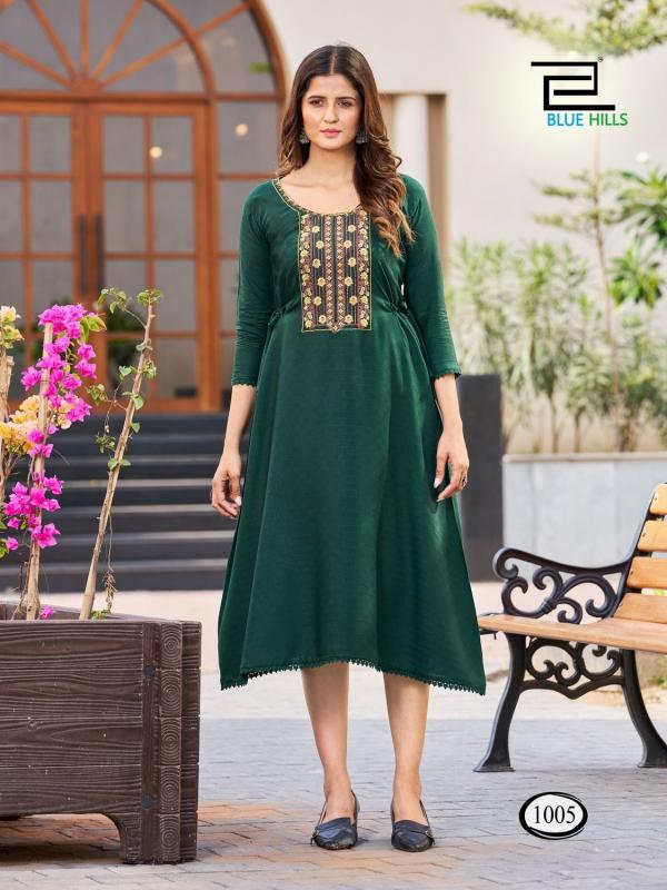 Blue Hills Butter Scotch Midi Style Embroidery Designer Kurti